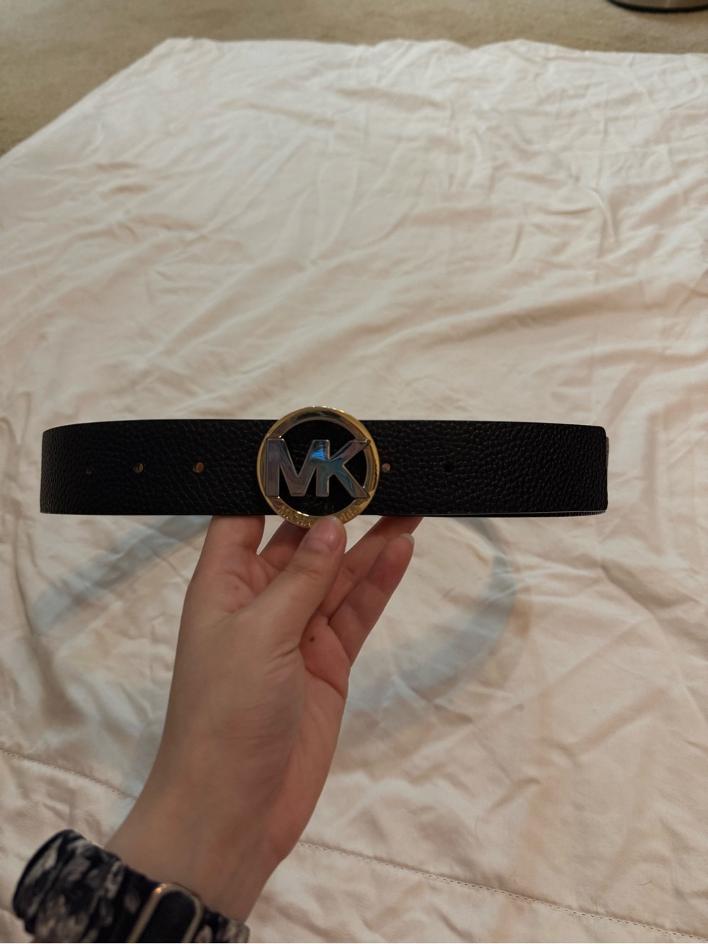 Michael Kors Reversible Black and Tan Leather Belt with Mixed Metal Logo Buckle